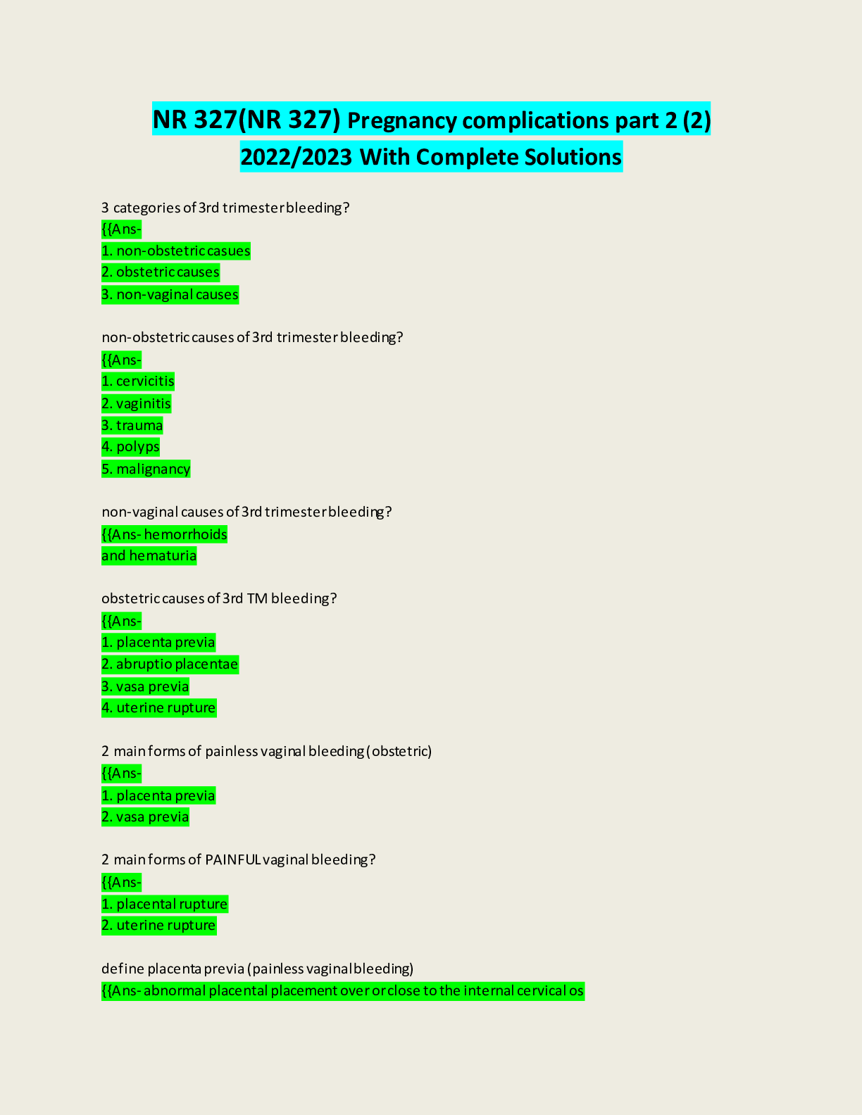 Preview of NR 327(NR 327) Pregnancy complications part 2 (2) Final Exam 2022/2023: NSG 211(NSG 211) M
